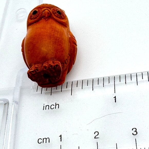 Ojime Bead Netsuke Owl Hand-Carved Boxwood Signed Figurine - Picture 2 of 9